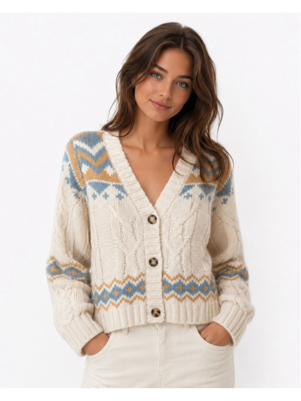 Sage Oak Fair Isle Cable Knit Cardigan Cottagecore Nordic Sweater XS Cozy Hygge